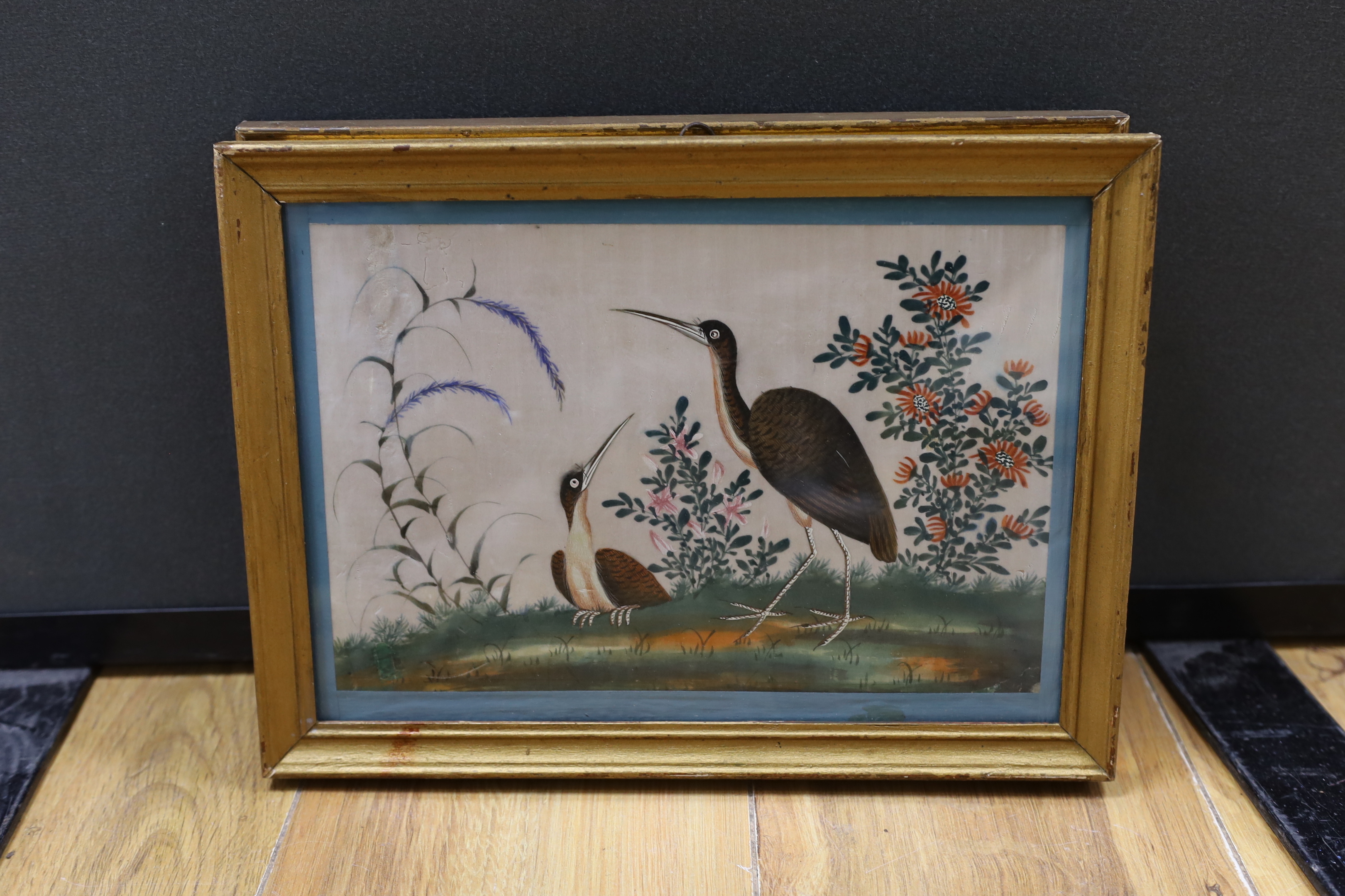 Chinese School, three gouaches on pith paper, Junks and birds of paradise, largest 16 x 24cm